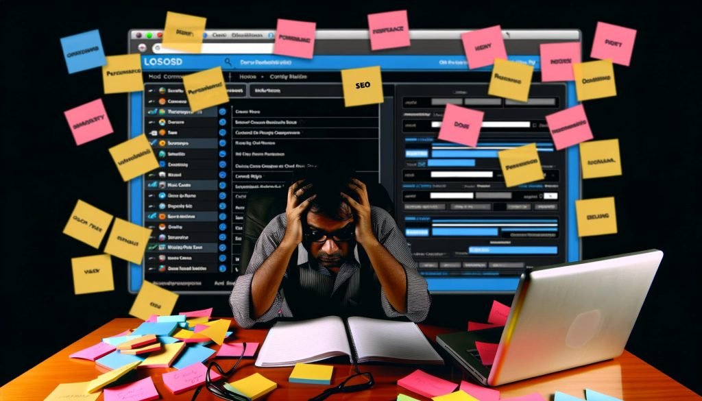 Gestresster Redakteur sitzt vor einem überladenen, dunklen CMS-Dashboard mit vielen Menüs und Buttons, umgeben von Post-its mit Begriffen wie SEO, Performance und Usability