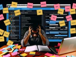 Gestresster Redakteur sitzt vor einem überladenen, dunklen CMS-Dashboard mit vielen Menüs und Buttons, umgeben von Post-its mit Begriffen wie SEO, Performance und Usability