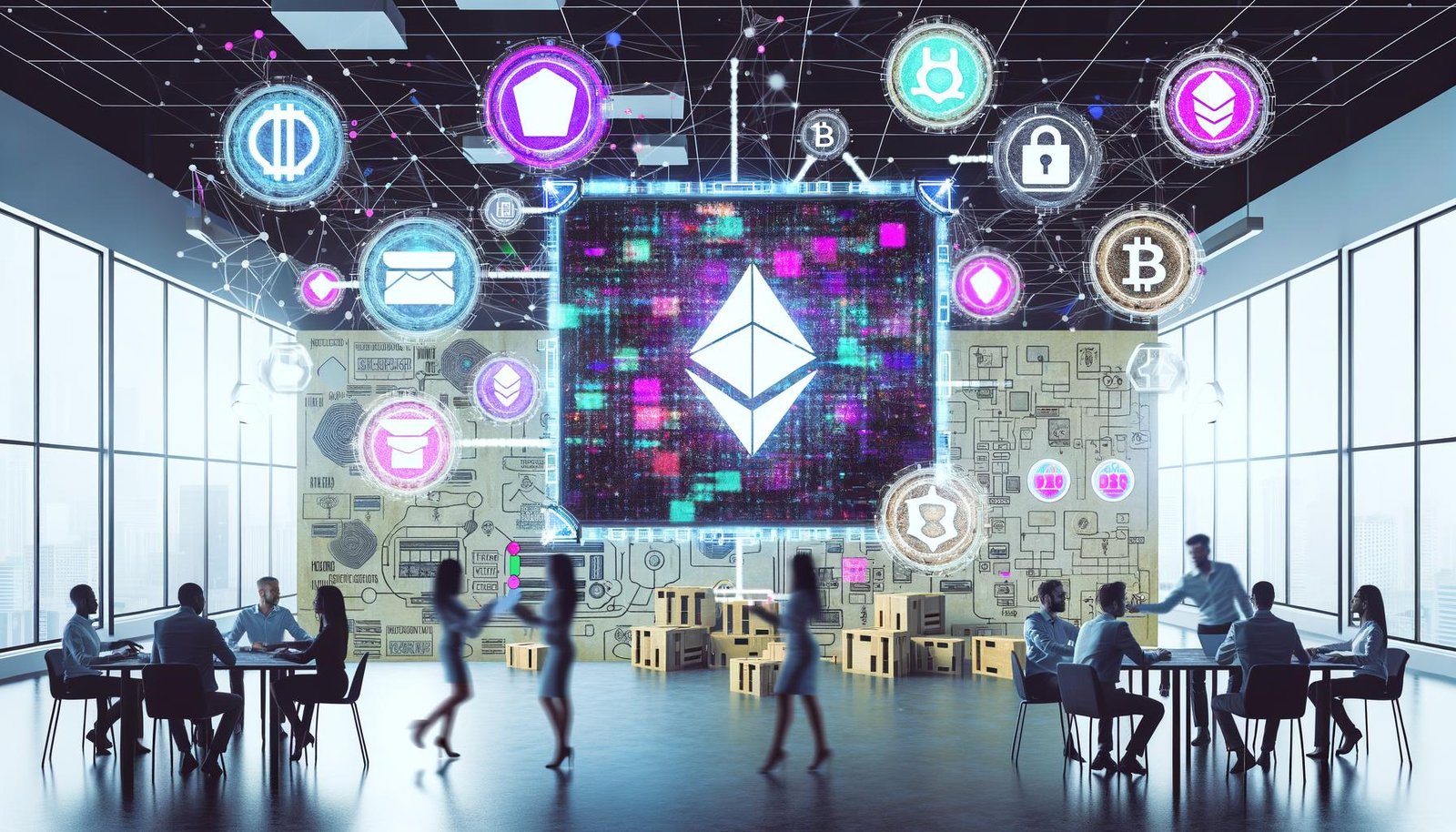 Hightech-Arbeitsplatz mit NFT-Kunstshop am Bildschirm, Blockchain-Icons, digitalen Wallets und zusammenarbeitenden Fachkräften vor Entwürfen und Code.