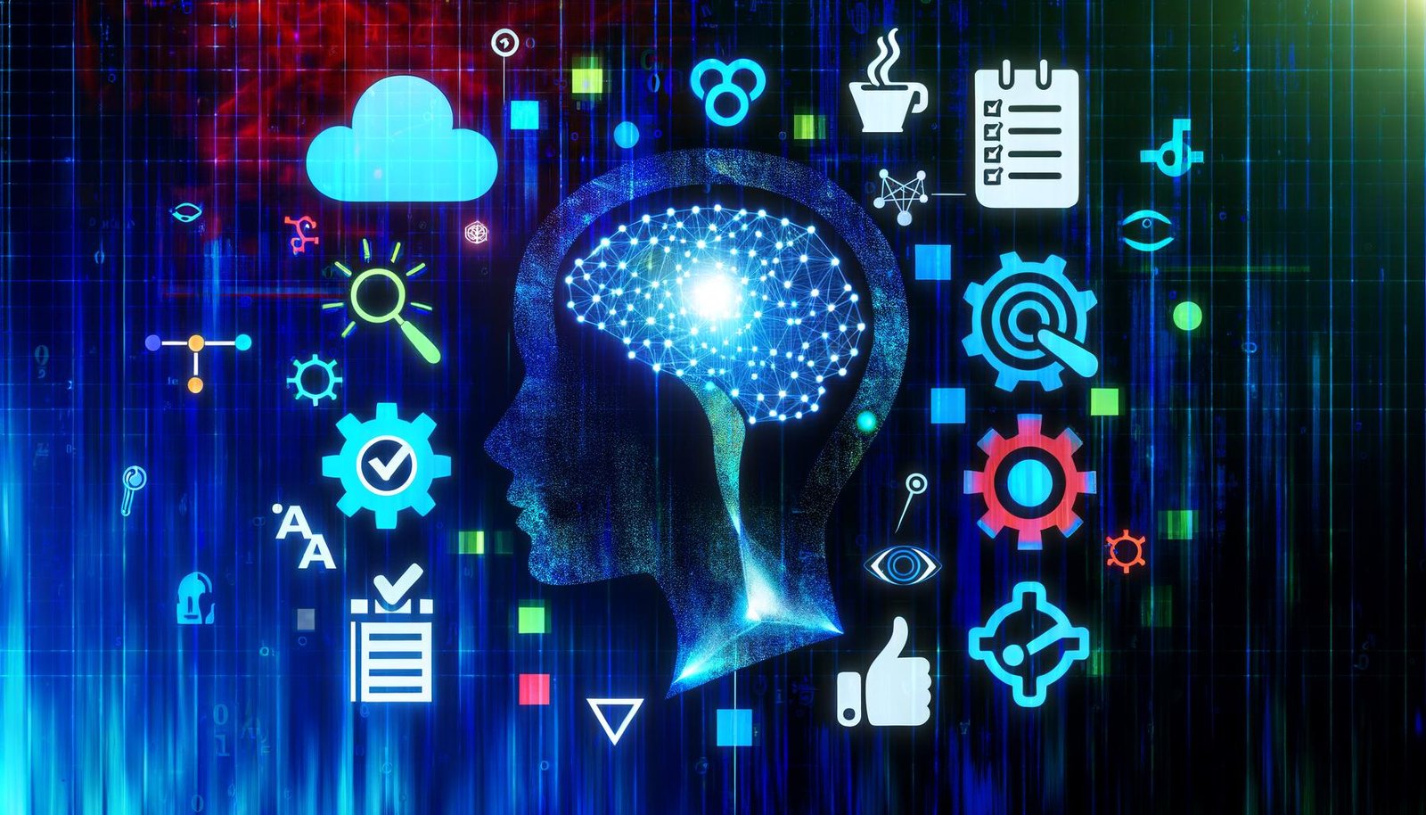 Stilisierte menschliche Kopfsilhouette mit digitalen Fragmenten, Datenströmen und KI-Symbolen, umgeben von klassischen Automatisierungssymbolen und KI-Buzzwords vor kühlem, glitchigem Hintergrund.