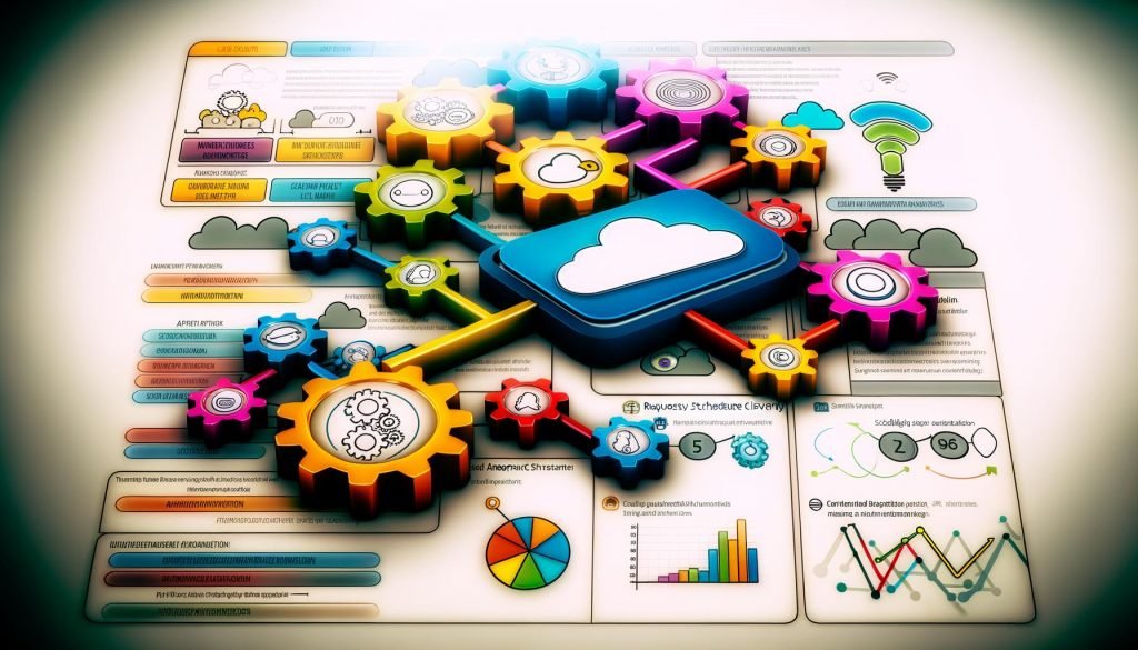 Dynamisch gestaltetes Dashboard mit Automatisierungs-Workflows, API-Symbolen, Zahnrädern, Timer- und Benachrichtigungs-Icons vor angedeuteten Cloud- und Datenelementen für die Integrately API Scheduler Struktur.