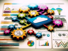 Dynamisch gestaltetes Dashboard mit Automatisierungs-Workflows, API-Symbolen, Zahnrädern, Timer- und Benachrichtigungs-Icons vor angedeuteten Cloud- und Datenelementen für die Integrately API Scheduler Struktur.