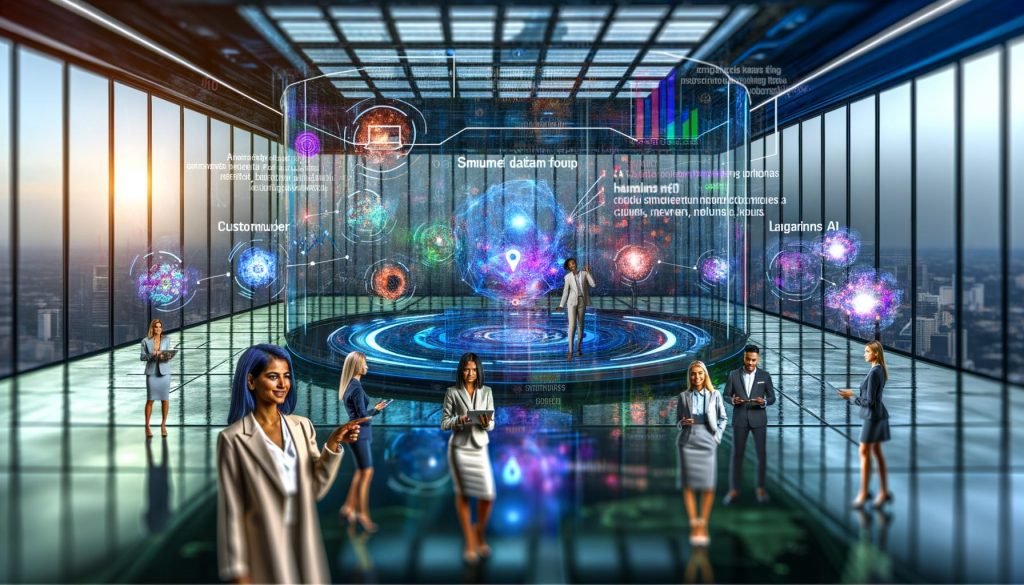 Junge Marketing-Crew im futuristischen Büro mit Glaswänden, schwebenden Datenbildschirmen, holografischen Visualisierungen von Kundendaten und leuchtenden neuronalen Netzwerken.