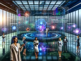 Junge Marketing-Crew im futuristischen Büro mit Glaswänden, schwebenden Datenbildschirmen, holografischen Visualisierungen von Kundendaten und leuchtenden neuronalen Netzwerken.