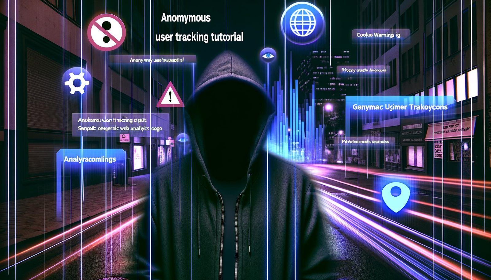 Titelbild mit anonymer, vermummter Person vor stilisierten Datenströmen, Webseiten- und Tracking-Icons sowie Verbotsschildern bei Nacht. Im Vordergrund steht Datenschutz im Spannungsfeld zur Analyse.