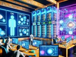 Futuristischer Kontrollraum mit mehreren Bildschirmen, die CMS-Dashboards, KI-Analyse und API-Netzwerke zeigen. Entwickler und Marketing-Teams arbeiten an holografischen Oberflächen im Hightech-Umfeld.