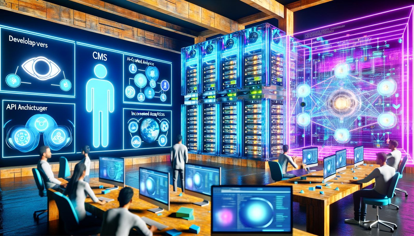 Futuristischer Kontrollraum mit mehreren Bildschirmen, die CMS-Dashboards, KI-Analyse und API-Netzwerke zeigen. Entwickler und Marketing-Teams arbeiten an holografischen Oberflächen im Hightech-Umfeld.