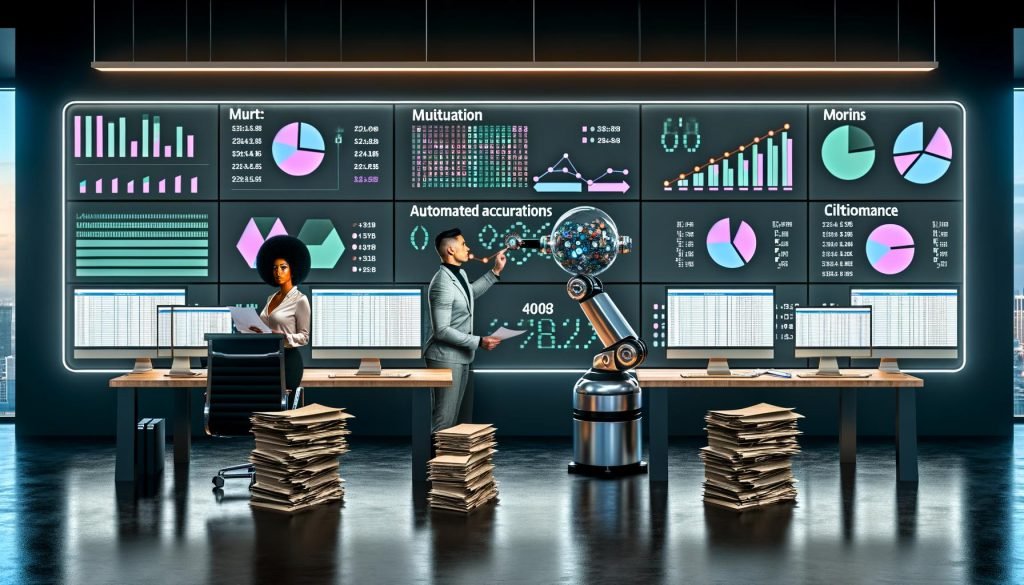 Marketer und Roboterarm analysieren dynamische Chart-Daten in einem futuristischen, neonbeleuchteten Büro, alte Excel-Dokumente und Kristallkugel im Hintergrund.