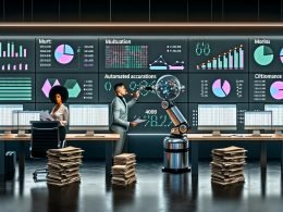 Marketer und Roboterarm analysieren dynamische Chart-Daten in einem futuristischen, neonbeleuchteten Büro, alte Excel-Dokumente und Kristallkugel im Hintergrund.