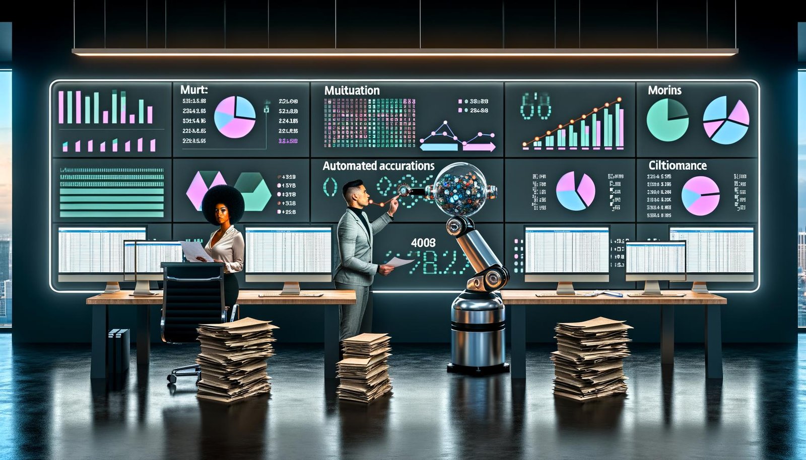 Marketer und Roboterarm analysieren dynamische Chart-Daten in einem futuristischen, neonbeleuchteten Büro, alte Excel-Dokumente und Kristallkugel im Hintergrund.