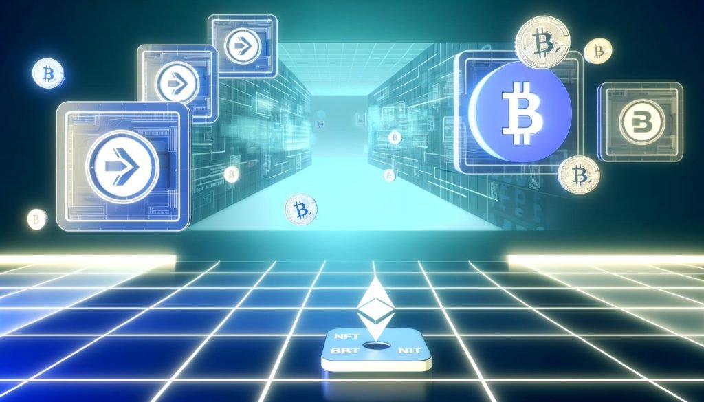 Moderne, minimalistische Technik-Grafik mit Shopify- und Ethereum-Logos, dazwischen schwebenden NFT-Tickets und digitalen Münzen vor einer abstrahierten Krypto-Shop-Oberfläche