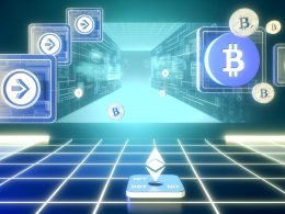 Moderne, minimalistische Technik-Grafik mit Shopify- und Ethereum-Logos, dazwischen schwebenden NFT-Tickets und digitalen Münzen vor einer abstrahierten Krypto-Shop-Oberfläche