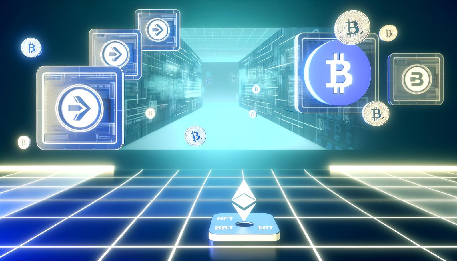 Moderne, minimalistische Technik-Grafik mit Shopify- und Ethereum-Logos, dazwischen schwebenden NFT-Tickets und digitalen Münzen vor einer abstrahierten Krypto-Shop-Oberfläche