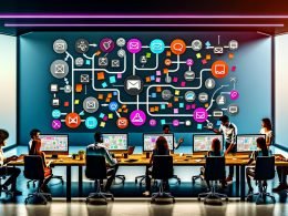 Marketing-Team um einen großen Monitor mit Workflow-Builder, verschiedenen App-Symbolen und professionellem, innovativem Arbeitsumfeld.