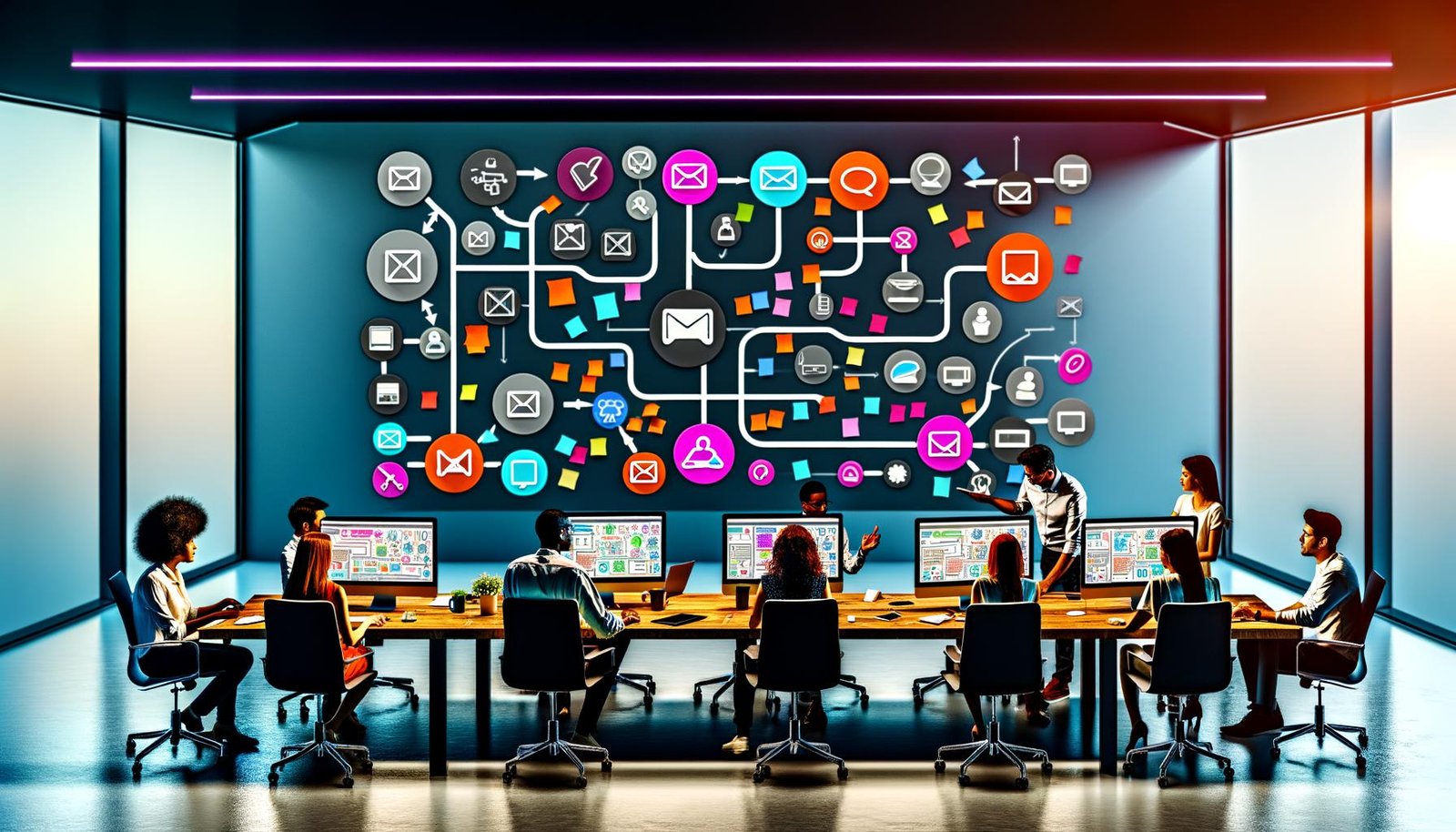 Marketing-Team um einen großen Monitor mit Workflow-Builder, verschiedenen App-Symbolen und professionellem, innovativem Arbeitsumfeld.