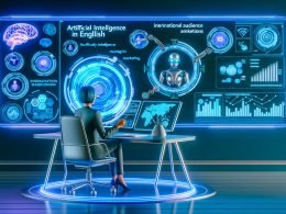 Marketing-Experte interagiert mit KI-gestützten, englischen Hologramm-Bildschirmen voller Analysen in einer modernen, technikbetonten Umgebung.