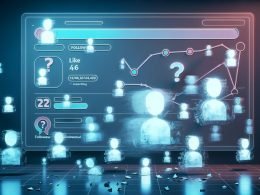 Düsteres Social-Media-Dashboard mit vielen schwebenden, durchscheinenden Avataren, Neon-Follower-Zahlen, die wie Rauch verschwinden, unscharfen Silhouetten und zerbrochenen Diagrammen.