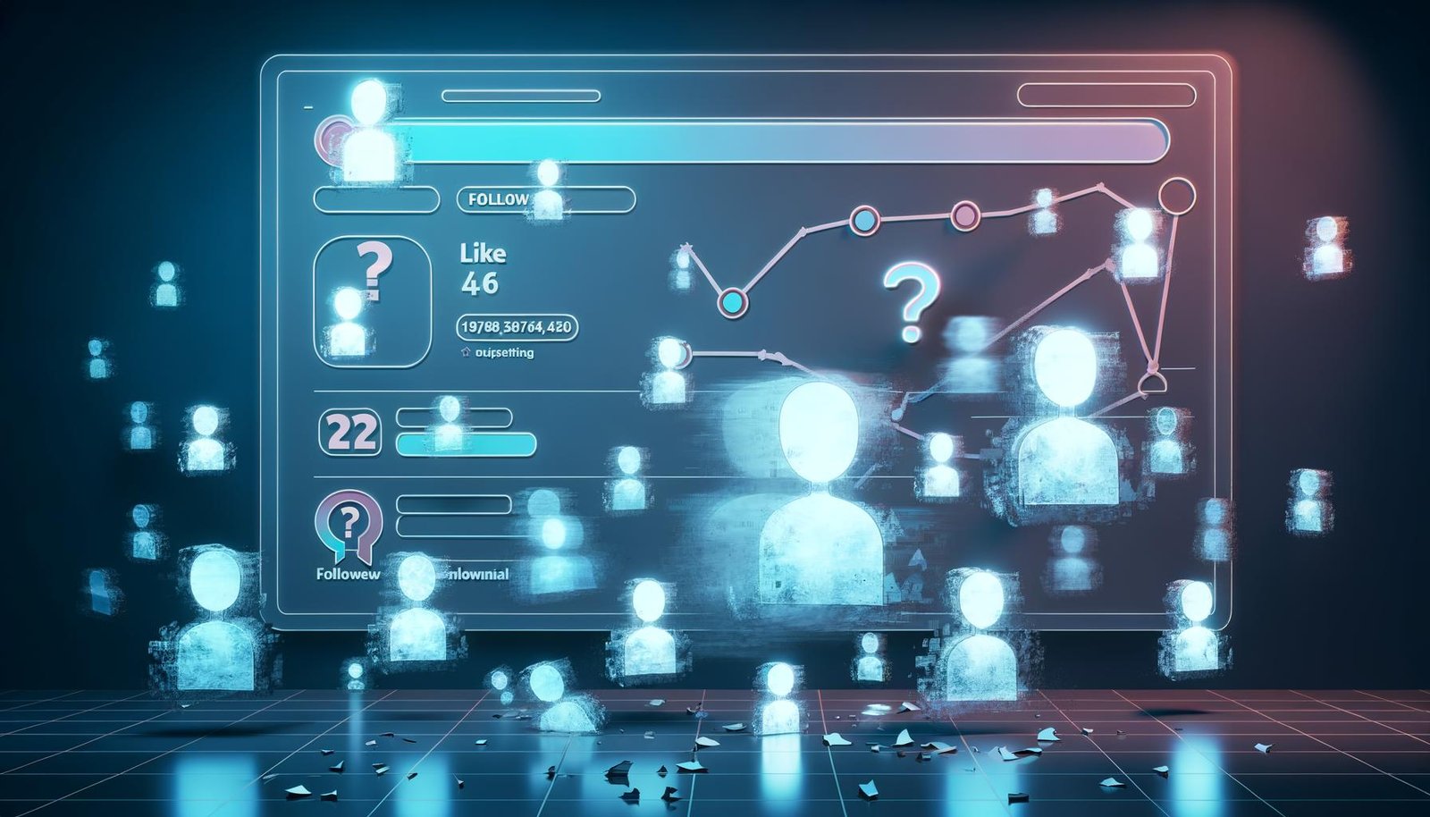 Düsteres Social-Media-Dashboard mit vielen schwebenden, durchscheinenden Avataren, Neon-Follower-Zahlen, die wie Rauch verschwinden, unscharfen Silhouetten und zerbrochenen Diagrammen.