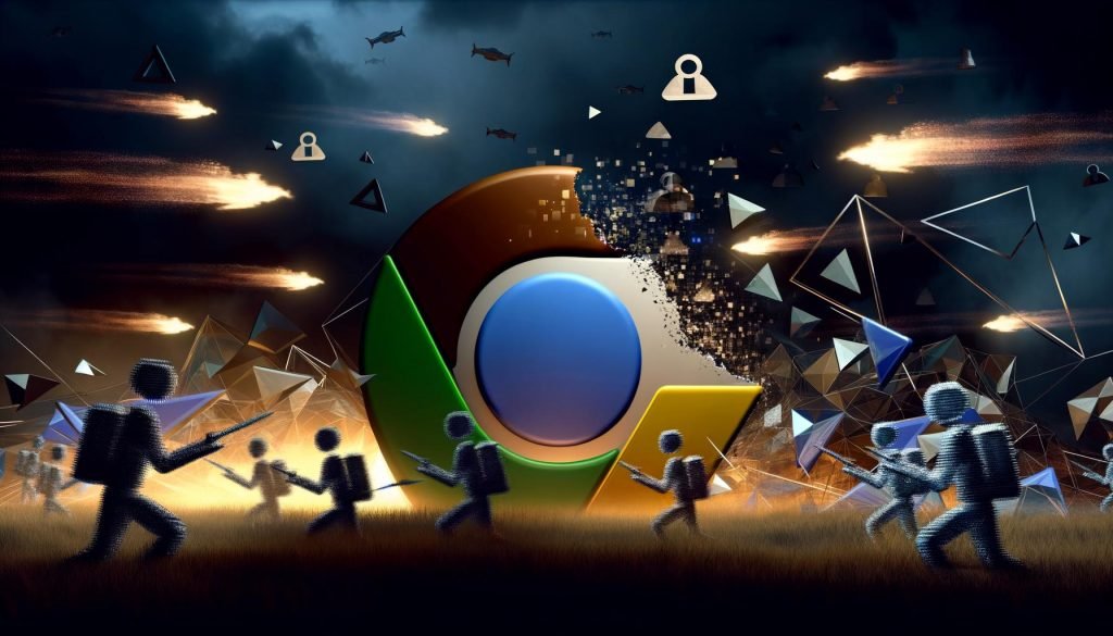 Düsteres, futuristisches Schlachtfeld mit Browser-Logos, Cookie-Krümeln, Polygonen, gesichtslosen Verfolgern, gesplittertem Consent-Banner und leuchtenden Tracking-Pixeln im cyberpunkigen Stil.
