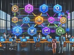 Modernes Büro mit digitalen Displays, Daten-Stack-Diagramm und Menschen in Diskussion vor Monitoren. Typische Tools wie Web Analytics, CRM und Automatisierung sind visualisiert.