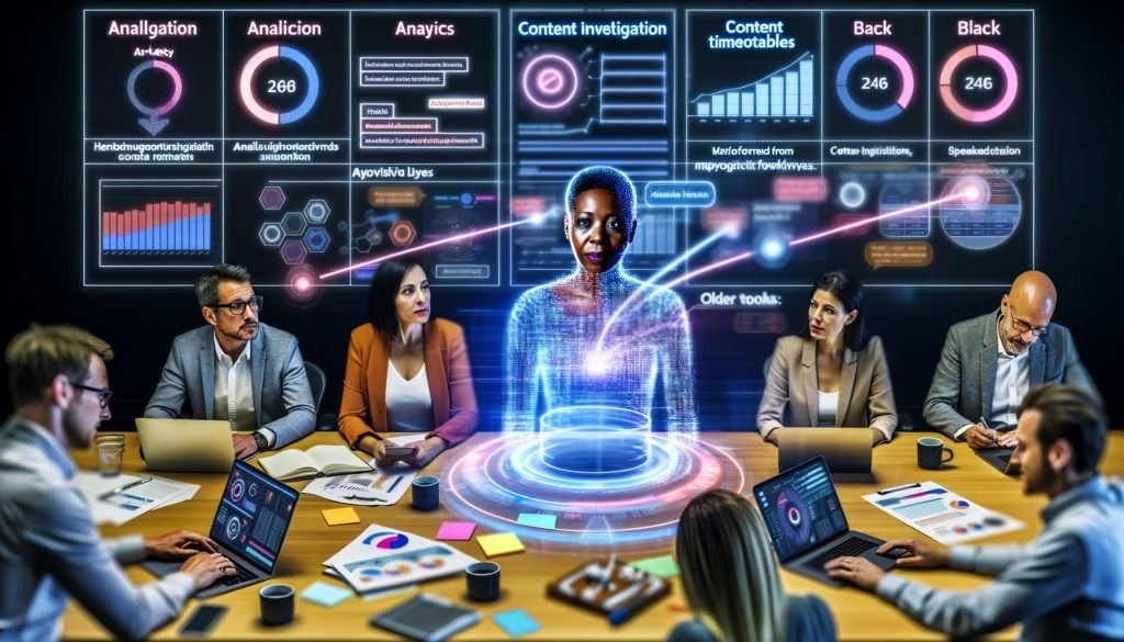 Dynamisches Marketing-Team im futuristischen Büro mit zentraler KI-Hologramm-Schnittstelle, digital vernetzten Geräten und modernen Automatisierungs-Tools, während alte Arbeitsmittel verblassen.