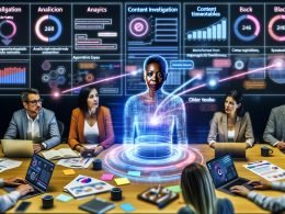 Dynamisches Marketing-Team im futuristischen Büro mit zentraler KI-Hologramm-Schnittstelle, digital vernetzten Geräten und modernen Automatisierungs-Tools, während alte Arbeitsmittel verblassen.