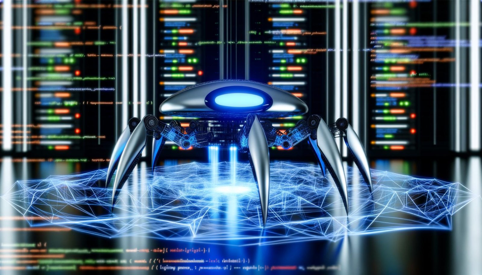 Futuristischer Roboterspider scannt digitale Webstrukturen mit leuchtenden Datenströmen und hervorgehobenen Seiten