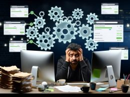 Gestresster Shopify-Solopreneur sitzt nachts vor Monitoren, mit To-do-Listen, Kaffeebechern und flackernden Shopify-Tabs, während automatisierte Prozesse als Zahnräder im Hintergrund leuchten.