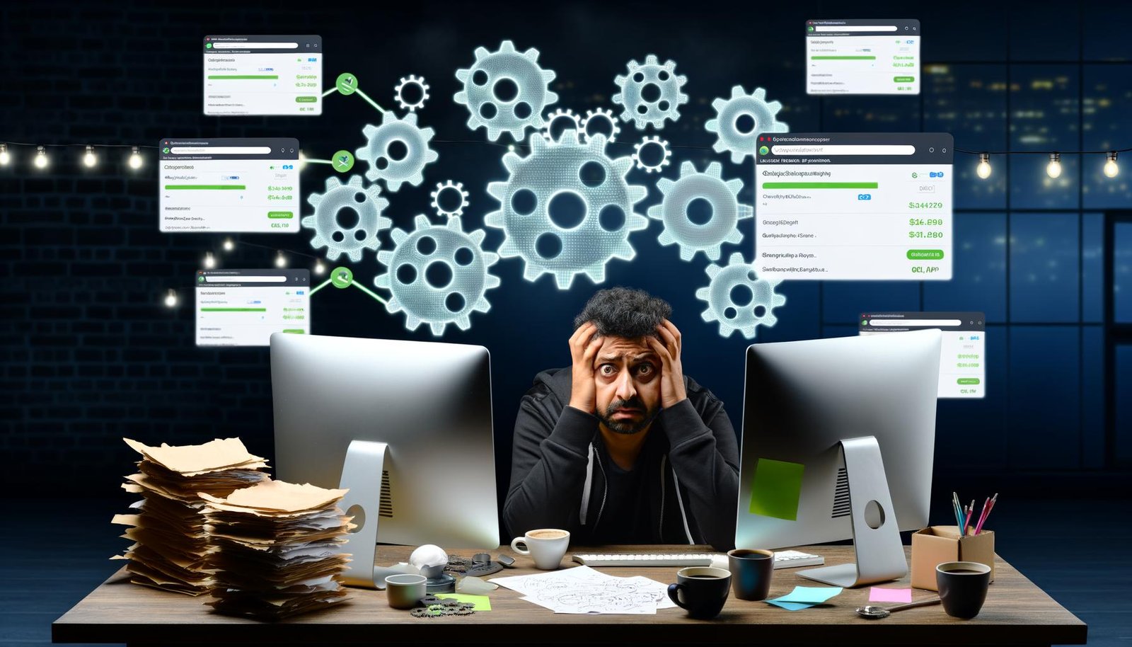 Gestresster Shopify-Solopreneur sitzt nachts vor Monitoren, mit To-do-Listen, Kaffeebechern und flackernden Shopify-Tabs, während automatisierte Prozesse als Zahnräder im Hintergrund leuchten.