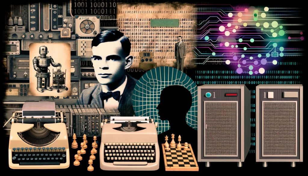 Collage im Retro-Stil mit Alan Turing an einer Schreibmaschine, Schachbrett, Lochkarten-Computern, Roboter-Silhouette, Turing-Test-Diagramm, binären Codes und modernen KI-Elementen wie neuronalen Netzwerken und Chatbots.