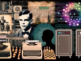 Collage im Retro-Stil mit Alan Turing an einer Schreibmaschine, Schachbrett, Lochkarten-Computern, Roboter-Silhouette, Turing-Test-Diagramm, binären Codes und modernen KI-Elementen wie neuronalen Netzwerken und Chatbots.