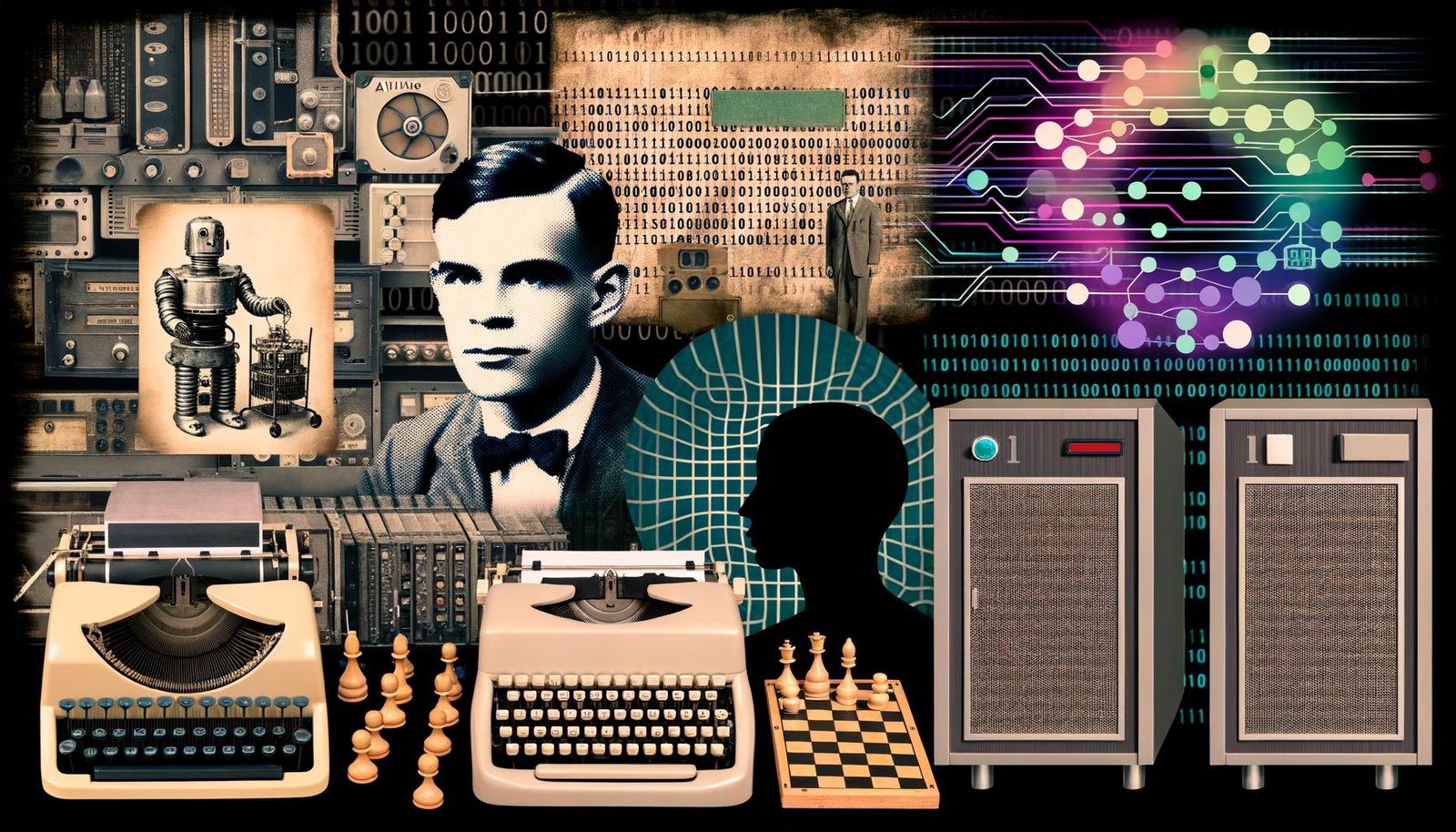 Collage im Retro-Stil mit Alan Turing an einer Schreibmaschine, Schachbrett, Lochkarten-Computern, Roboter-Silhouette, Turing-Test-Diagramm, binären Codes und modernen KI-Elementen wie neuronalen Netzwerken und Chatbots.