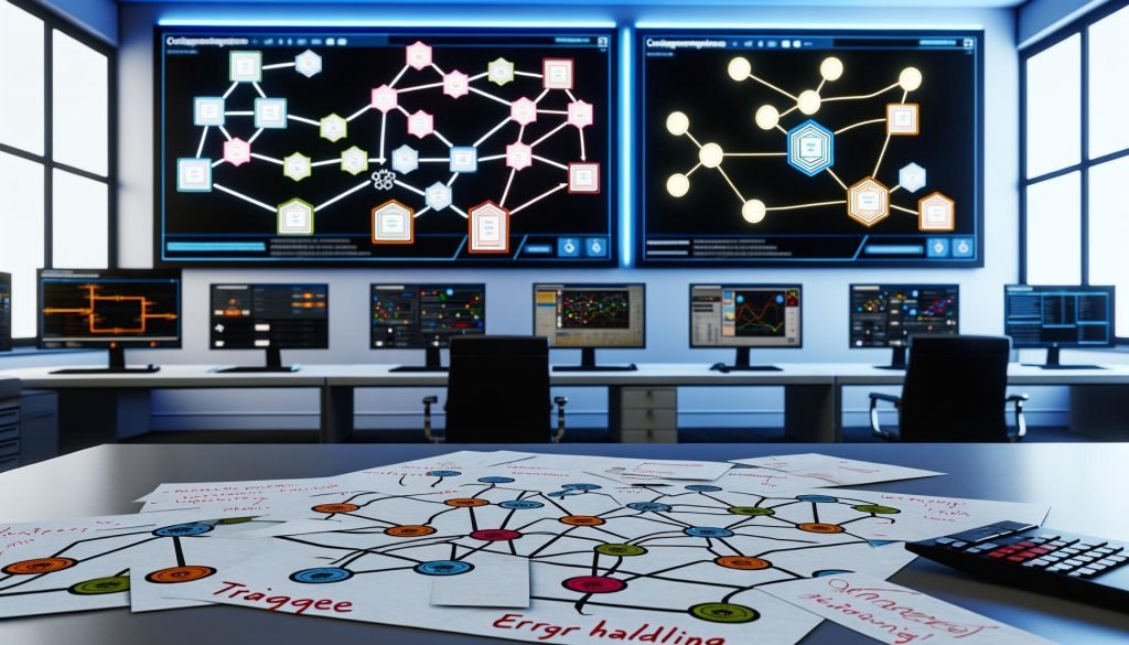 Modernes Büro mit Monitoren, farbigen Flowcharts, Integrately Drag-and-Drop Automatisierungsworkflows und digitalen Entscheidungsbäumen im Vordergrund