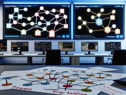 Modernes Büro mit Monitoren, farbigen Flowcharts, Integrately Drag-and-Drop Automatisierungsworkflows und digitalen Entscheidungsbäumen im Vordergrund