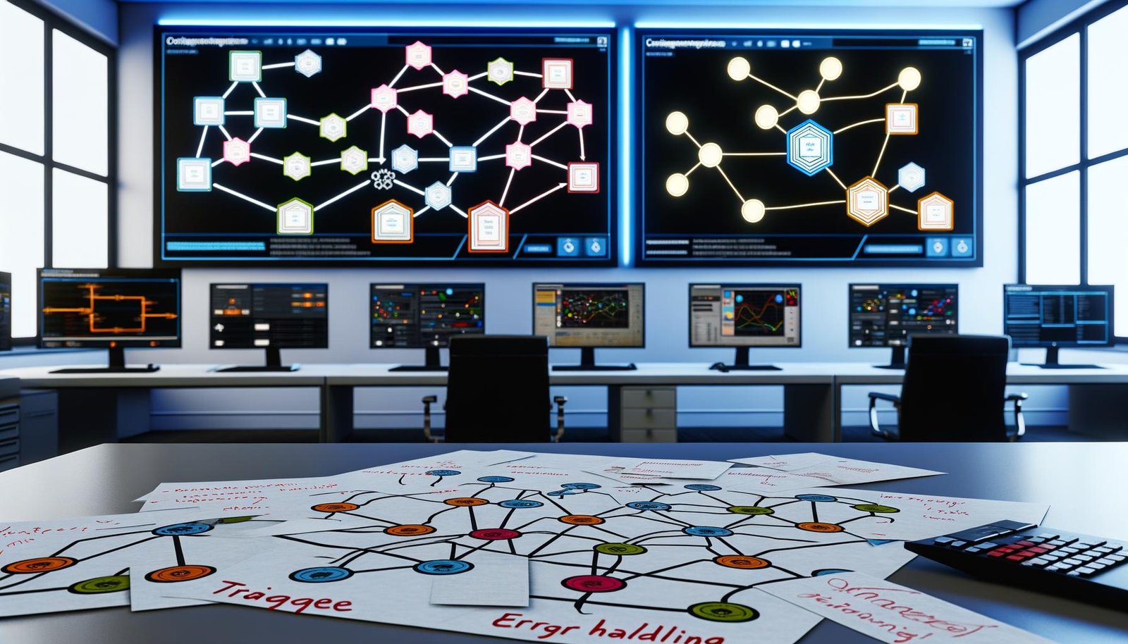 Modernes Büro mit Monitoren, farbigen Flowcharts, Integrately Drag-and-Drop Automatisierungsworkflows und digitalen Entscheidungsbäumen im Vordergrund