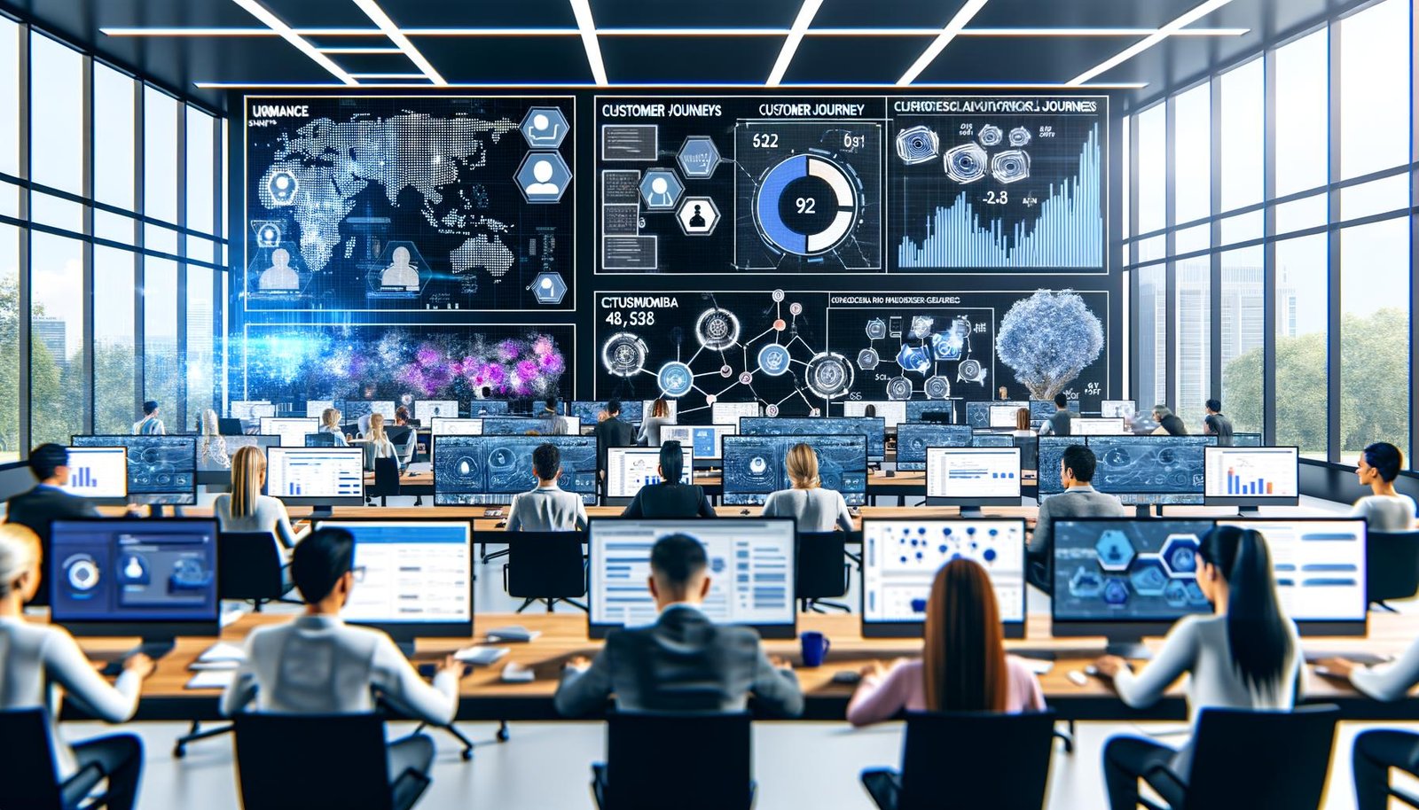 Futuristisches Großraumbüro mit Marketern, die von Bildschirmen mit Datenvisualisierungen, Heatmaps und Kundenprofilen umgeben sind. Digitale Whiteboards zeigen Customer Journeys und ML-Modelle laufen auf großen Screens.