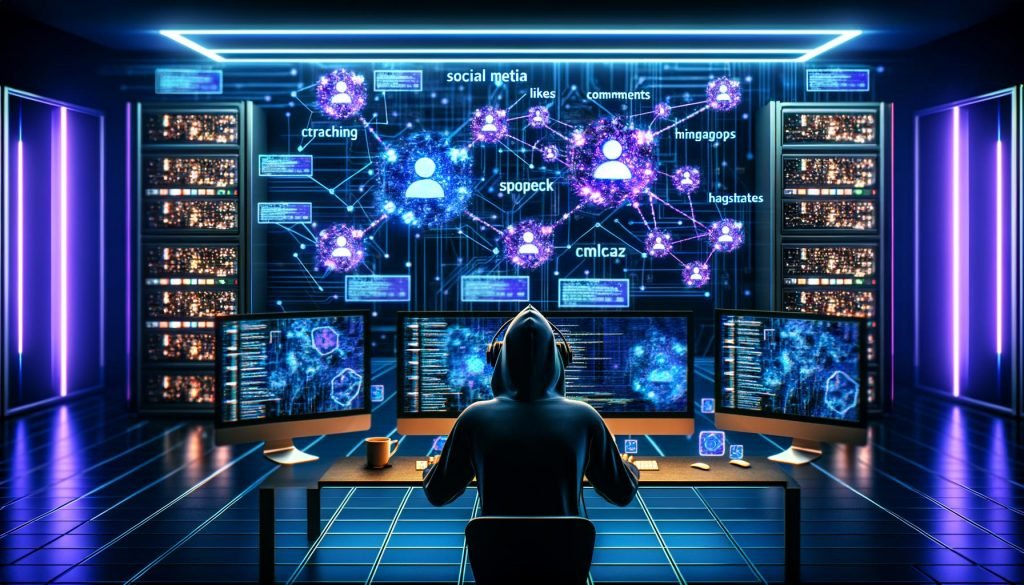 Futuristisches Datenlabor mit Marketer an Social Media Analyse-Monitoren, leuchtende Netzwerkdaten, Parser-Bots, Infografiken zu Scraping-Tools wie Python und Proxy-Listen, rechtliche Symbole wie DSGVO-Siegel und Justitia, Dashboards mit Heatmaps und Analysten im High-Tech-Setting.