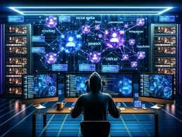 Futuristisches Datenlabor mit Marketer an Social Media Analyse-Monitoren, leuchtende Netzwerkdaten, Parser-Bots, Infografiken zu Scraping-Tools wie Python und Proxy-Listen, rechtliche Symbole wie DSGVO-Siegel und Justitia, Dashboards mit Heatmaps und Analysten im High-Tech-Setting.