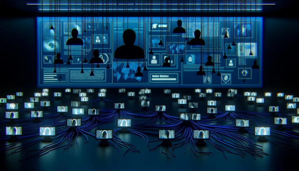 Düsteres, modernes Kontrollzentrum mit verschwommenen Silhouetten, Datenströmen, anonymisierten Profilen und leuchtenden Bildschirmen in Blautönen.