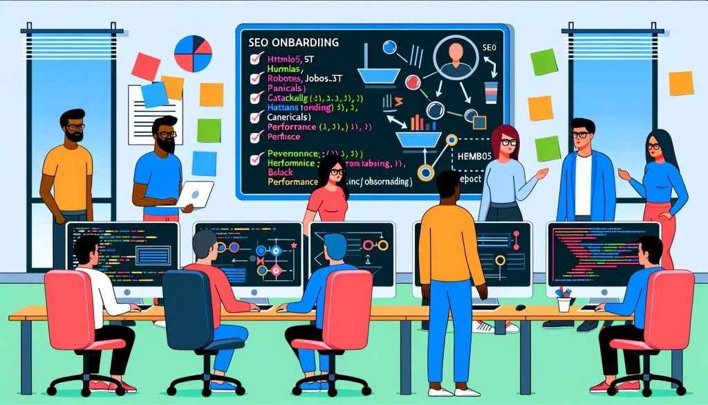 Entwickler arbeiten zusammen an Monitoren mit Code und SEO-Grafiken, mit einer sichtbaren SEO Onboarding-Checkliste und Whiteboard-Diagrammen im Hintergrund.