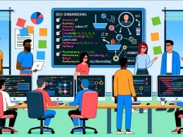 Entwickler arbeiten zusammen an Monitoren mit Code und SEO-Grafiken, mit einer sichtbaren SEO Onboarding-Checkliste und Whiteboard-Diagrammen im Hintergrund.