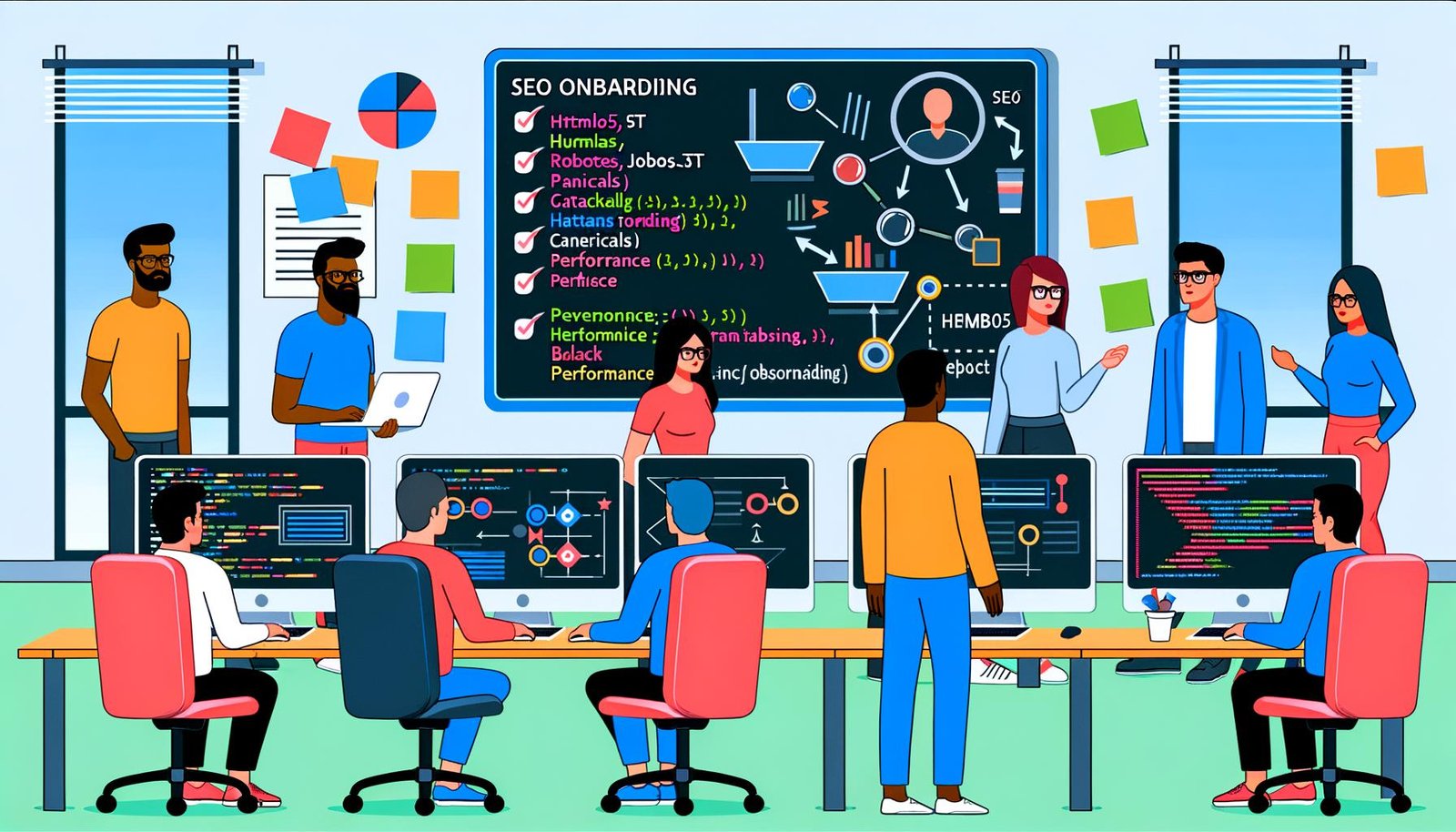 Entwickler arbeiten zusammen an Monitoren mit Code und SEO-Grafiken, mit einer sichtbaren SEO Onboarding-Checkliste und Whiteboard-Diagrammen im Hintergrund.
