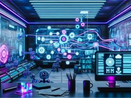 Hypermoderner digitaler Kontrollraum mit holografischen Anzeigen, automatisiertem Content-Workflow, KI-Bots und futuristischen UI-Elementen im Kontrast zu alten Computerarbeitsplätzen.