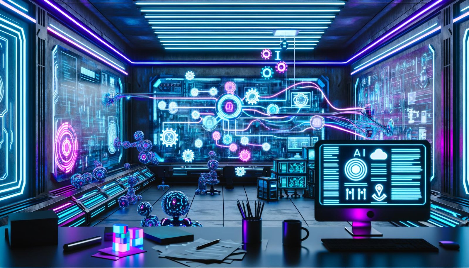 Hypermoderner digitaler Kontrollraum mit holografischen Anzeigen, automatisiertem Content-Workflow, KI-Bots und futuristischen UI-Elementen im Kontrast zu alten Computerarbeitsplätzen.