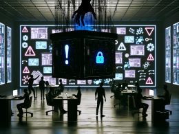 Angespanntes, futuristisches Büro mit Marketer:innen und Techniker:innen, leuchtenden Bildschirmen voller Codes und KI-Symbole, einer schwebenden Blackbox mit digitalen Händen und Datenspuren sowie Risiko-Icons im Hintergrund.