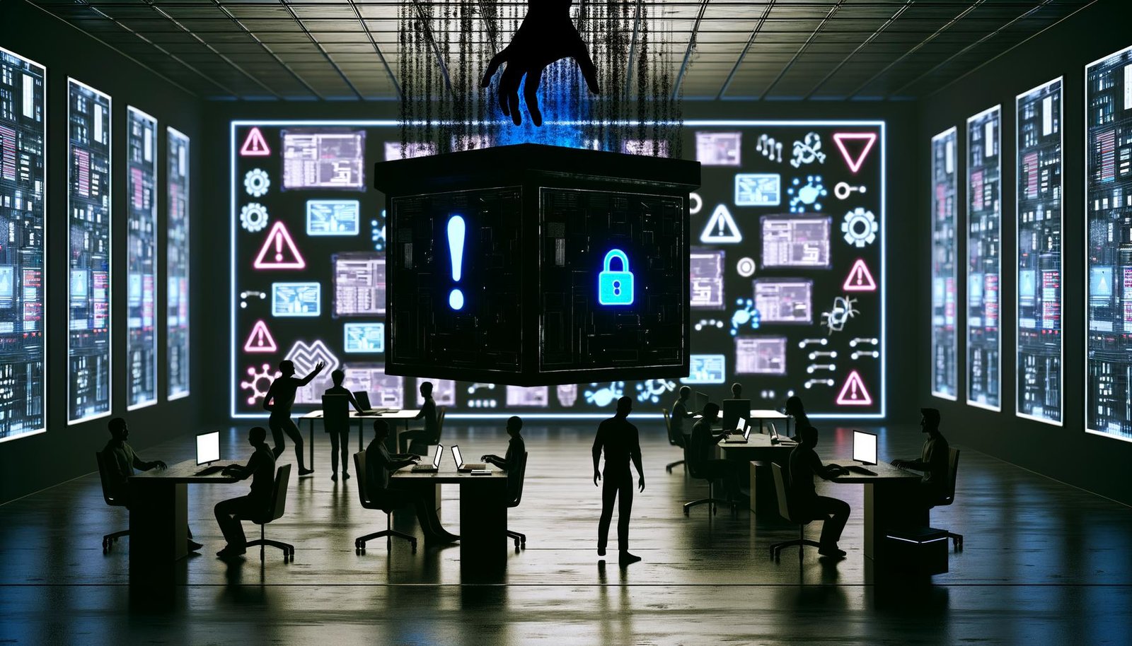 Angespanntes, futuristisches Büro mit Marketer:innen und Techniker:innen, leuchtenden Bildschirmen voller Codes und KI-Symbole, einer schwebenden Blackbox mit digitalen Händen und Datenspuren sowie Risiko-Icons im Hintergrund.