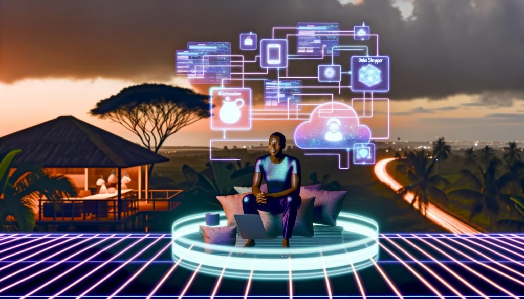 Digitaler Solopreneur an einem futuristischen Setup mit leuchtenden Hologramm-Bildschirmen, Bali-Palmen und Sonnenuntergang im Hintergrund