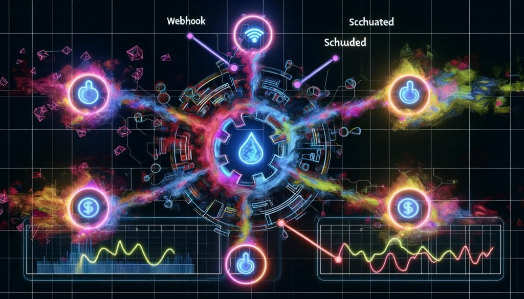 Futuristisches Kontrollzentrum mit vier hell leuchtenden Trigger-Punkten (Webhook, Scheduled, App, System) und einem Integrately-Schaltkreis, Echtzeitmessungen auf Dashboard, zerbrochenen Zahnrädern und Warnsymbolen im Hintergrund.