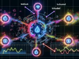 Futuristisches Kontrollzentrum mit vier hell leuchtenden Trigger-Punkten (Webhook, Scheduled, App, System) und einem Integrately-Schaltkreis, Echtzeitmessungen auf Dashboard, zerbrochenen Zahnrädern und Warnsymbolen im Hintergrund.