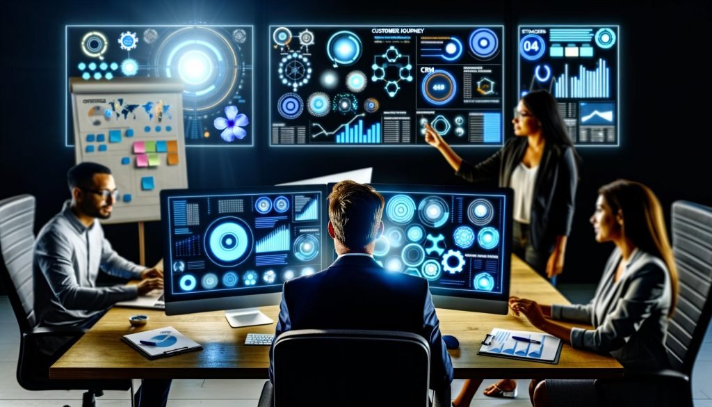 Ein konzentrierter Marketer sitzt im Halbdunkel vor mehreren großen Monitoren mit bunten Datenvisualisierungen, während im Hintergrund Teammitglieder Strategien und Datenpunkte diskutieren.